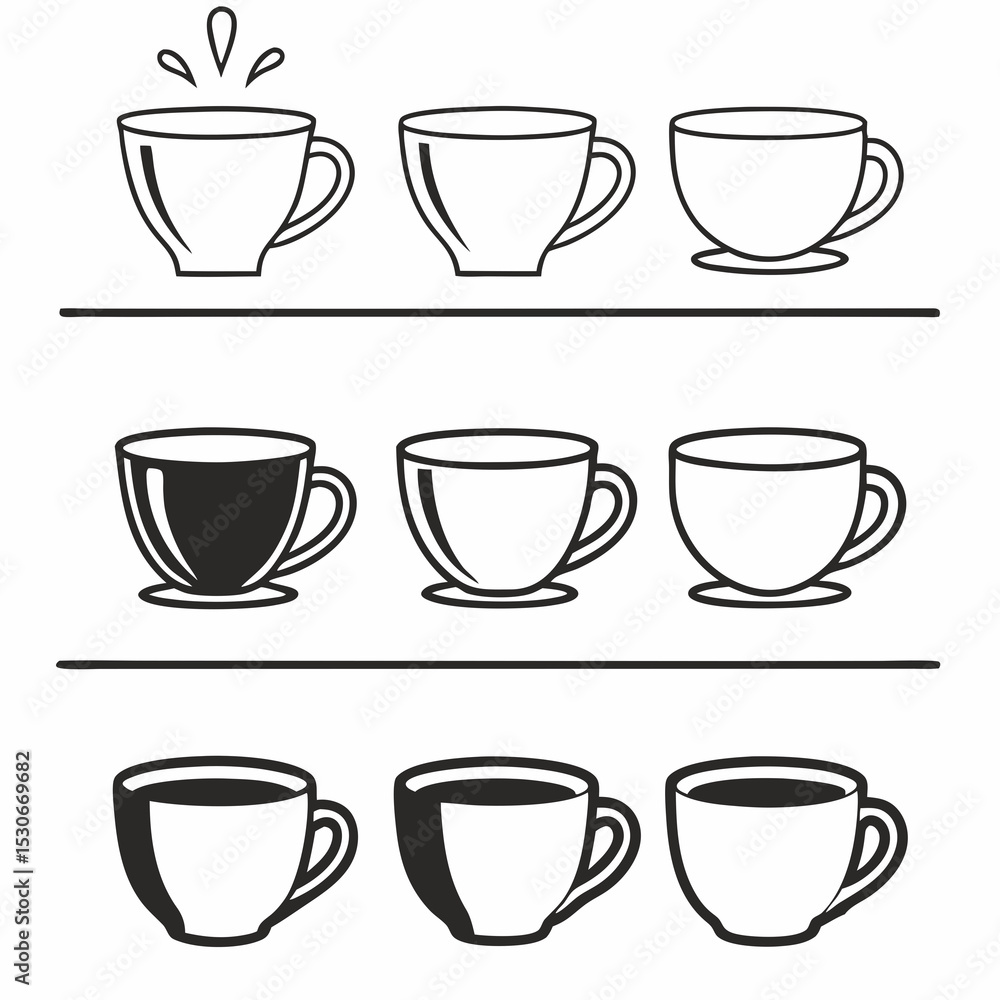 Simple coffee cup icons full empty and filling Simple coffee cup icons full empty and filling