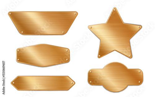 Gold metal tag set with brushed brass texture and mounting screws. Star, trapezoid, hexagon, diamond and ornate shapes for awards or premium signage. Polished metallic nameplates for luxury branding.