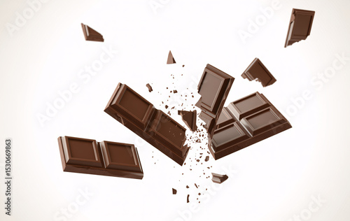 Milk Chocolate Bar Breaking Apart in Mid Air with Pieces and Crumbs