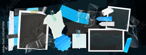 Y2K photo frame collage with torn paper edges, blue tape pieces and transparent scotch on dark background. Retro digital aesthetic with scattered instant photos, plastic fragments and grid patterns.