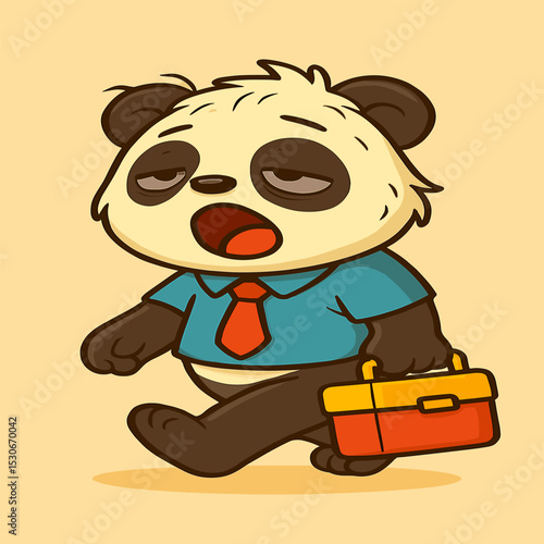 A sleepy panda in a school uniform yawns while carrying a lunchbox, walking slowly with messy fur and droopy eyes, in a funny and funky cartoon-style illustration on a plain background.