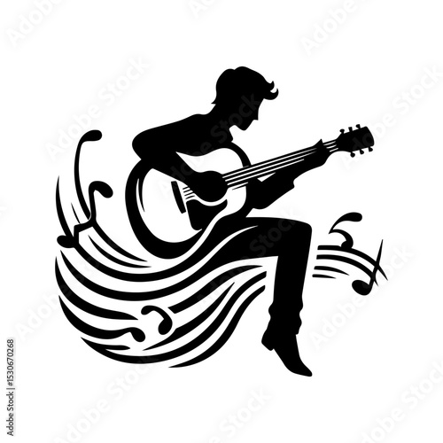 Artistic musician emblem featuring skilled guitarist silhouette on chair with dynamic musical note elements in monochrome