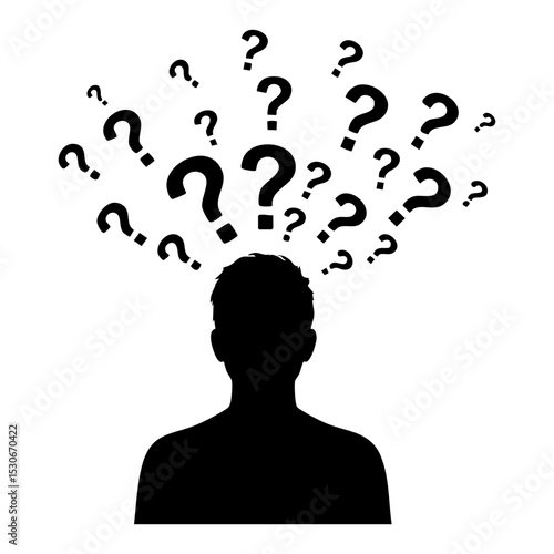 Vector art of a silhouette of a person overwhelmed by a flurry of question marks, isolated on white background