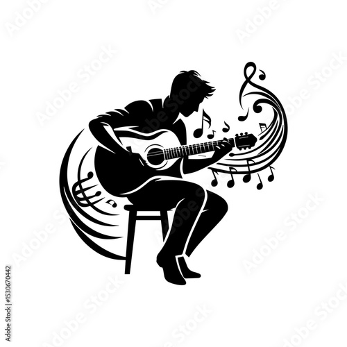 Artistic musician emblem featuring skilled guitarist silhouette on chair with dynamic musical note elements in monochrome