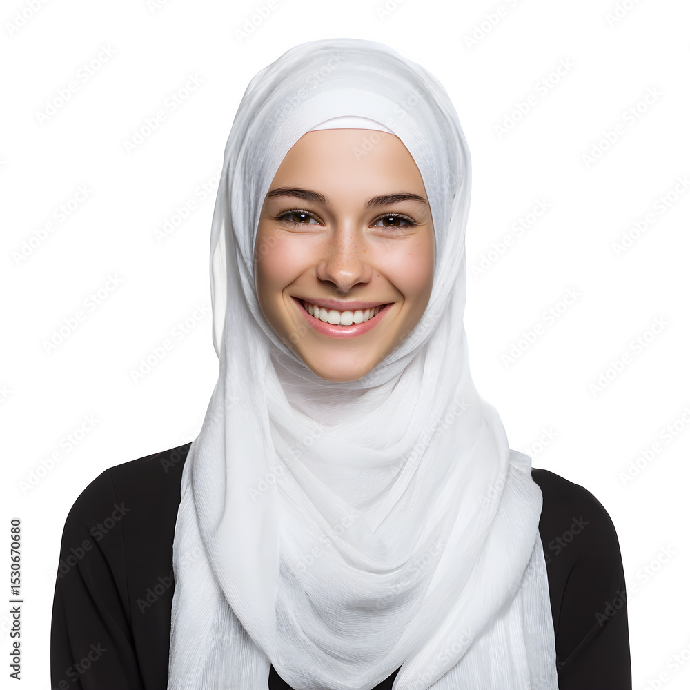 Portrait of young smiling Muslim woman wearing a white hijab isolated on white background clear isolated clear photo view image quality concept portrait simple picture isolated clear clear image highx Portrait of young smiling Muslim woman wearing a white hijab isolated on white background clear isolated clear photo view image quality concept portrait simple picture isolated clear clear image highx