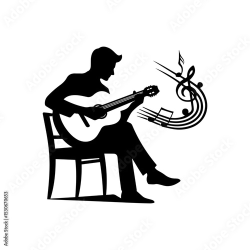 Minimalist music performer logo with black silhouette of seated guitarist playing acoustic instrument surrounded by floating notes