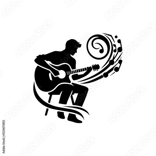 Minimalist music performer logo with black silhouette of seated guitarist playing acoustic instrument surrounded by floating notes