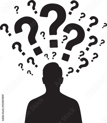 Vector art of a silhouette of a person overwhelmed by a swarm of question marks, isolated on white background