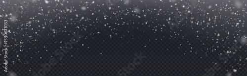 Snow overlay with falling white flake particles on transparent bg. Winter weather effect with various sizes of snowflakes. Realistic frozen precipitation for seasonal designs and holiday compositions.