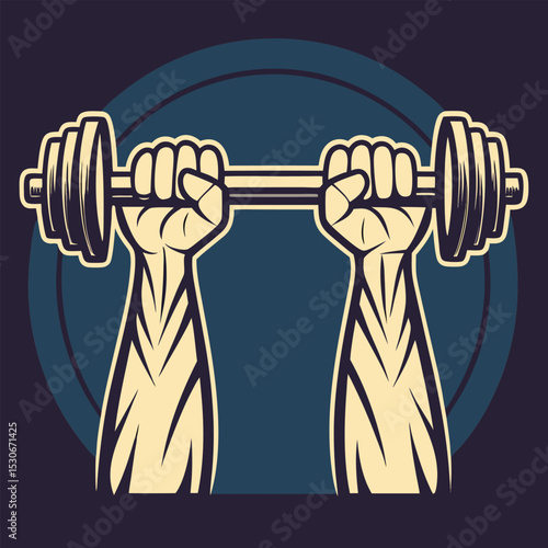 Vintage style weightlifting graphic strong arms holding barbell