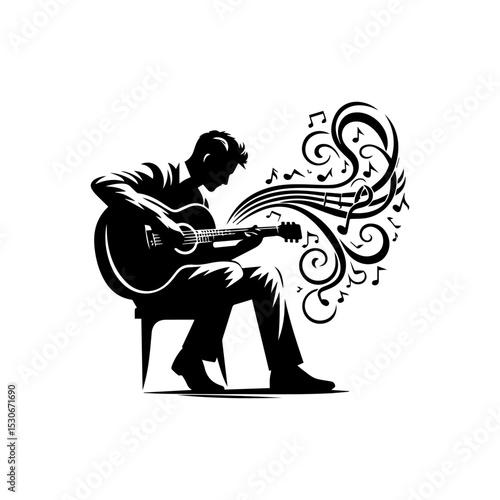 Elegant guitarist silhouette logo featuring skilled musician playing acoustic guitar with flowing musical notes in minimalist vector design