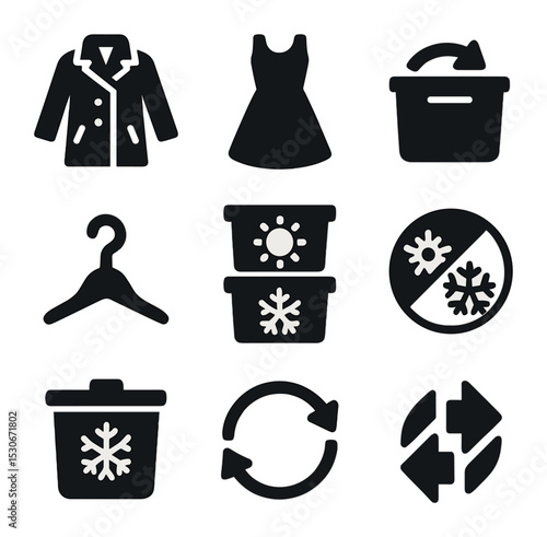 Seasonal Storage Icons. Solid, filled icons set of seasonal storage and swap: winter coat, summer dress, bin