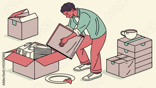 A man is packing dishes and other items into cardboard boxes in preparation for moving to a new location