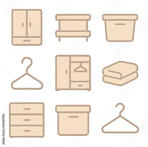 Minimalist Closet Icons. Solid, filled icons set of minimalist closet design: soft tone, muted shade, clean