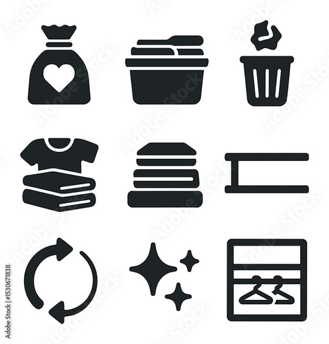 Declutter Icons Grid. Solid, filled icons set of closet decluttering: donate bag, keep bin, toss icon, swap