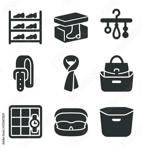 Shoe and Accessory Icons. Solid, filled icons set of shoe and accessory organization: shoe shelf, boot box,