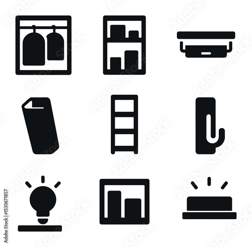 Maximized Closet Icons. Solid, filled icons set of closet space maximization: double rod, stacked shelf,