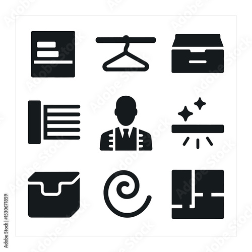 Custom Closet Icons. Solid, filled icons set of custom closet solutions: built-in shelf, custom rod, sliding