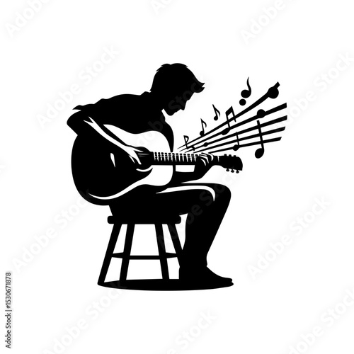 Elegant guitarist silhouette logo featuring skilled musician playing acoustic guitar with flowing musical notes in minimalist vector design