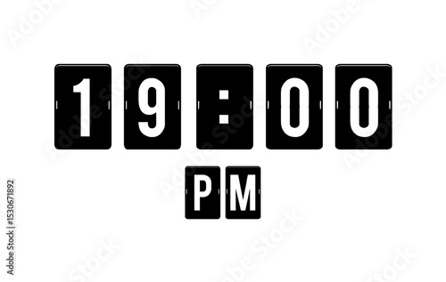 Modern flip clock design showing 19:00 PM on a white background. Perfect for use in editorial designs, infographics, and time management visuals.