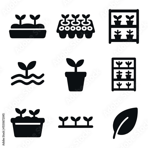 Greenhouse Icon Set. Solid, filled icons set of greenhouse planting and layout: garden bed, seed tray, plant