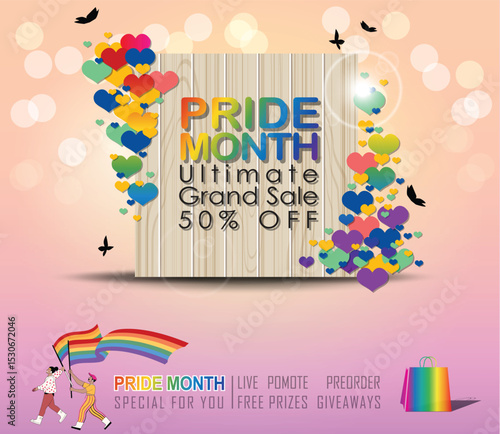 Pride Month sale! Celebrate love and diversity with our Ultimate Grand Sale banner Template and colorful LGBT rainbow design. The copy space banner background for vector and illustration.