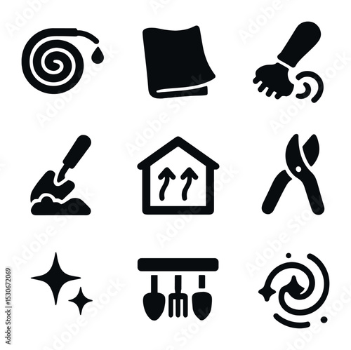 Greenhouse Care Icons. Solid, filled icons set of greenhouse maintenance and care: water hose, clean cloth,