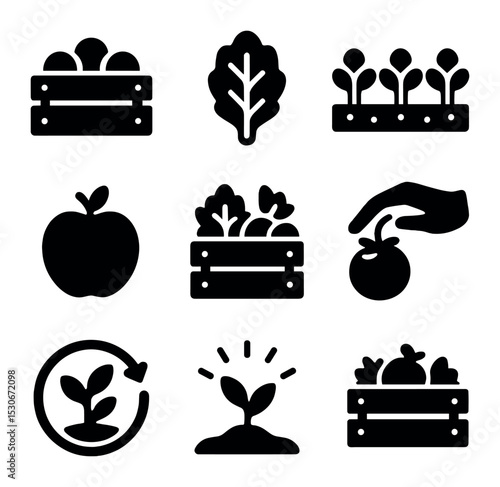 Greenhouse Icon Set. Solid, filled icons set of greenhouse productivity and yield: harvest bin, leafy green,