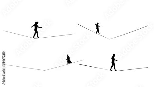 Vector art of silhouetted figures navigate precarious tightropes, isolated on white background, a minimalist vector illustration of balance and risk