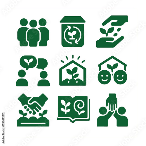 Community Greenhouse Icons. Solid, filled icons set of community and shared greenhouses: group icon, share bin