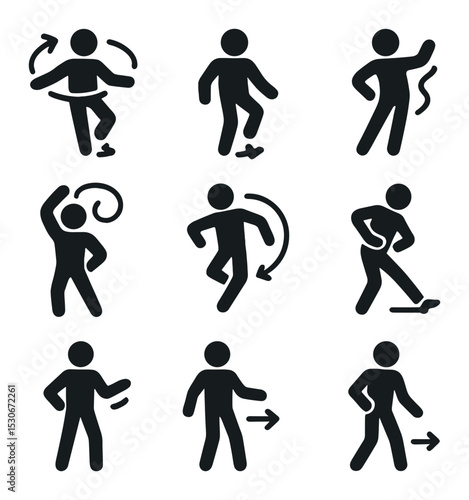 Classic Dance Moves. Solid, filled icons set of classic dance moves: spin step, foot tap, body wave, arm swirl
