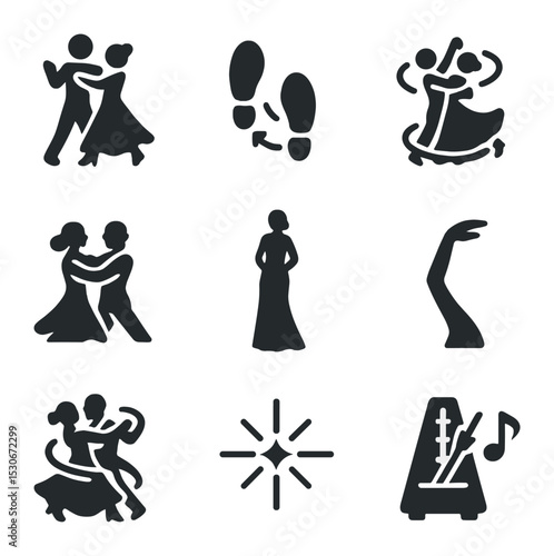 Ballroom Dance Icons. Solid, filled icons set of ballroom dance essentials: waltz glide, foxtrot step,