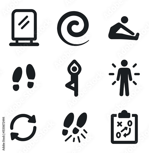 Dance Practice Icons. Solid, filled icons set of dance practice and drills: mirror icon, warmup swirl, stretch
