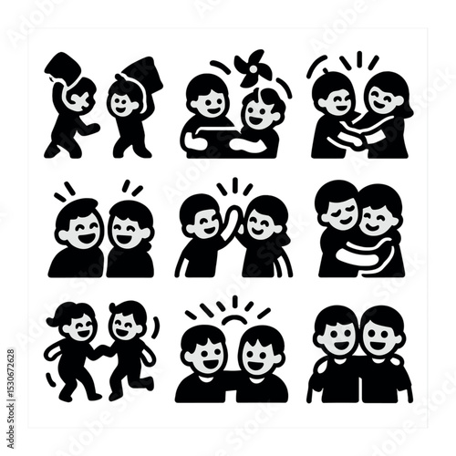 Sibling Playtime Icons. Solid, filled icons set of sibling playtime and laughter: pillow fight, shared game,