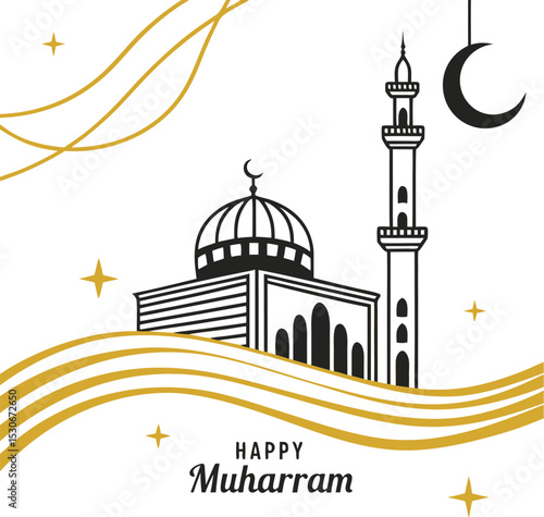 Elegant Happy Muharram Graphic – Mosque Silhouette, Golden Crescent Moon, and Arabic Calligraphy