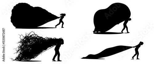 Vector art of silhouette figures struggle to manage and control immense, amorphous burdens, isolated on white background
