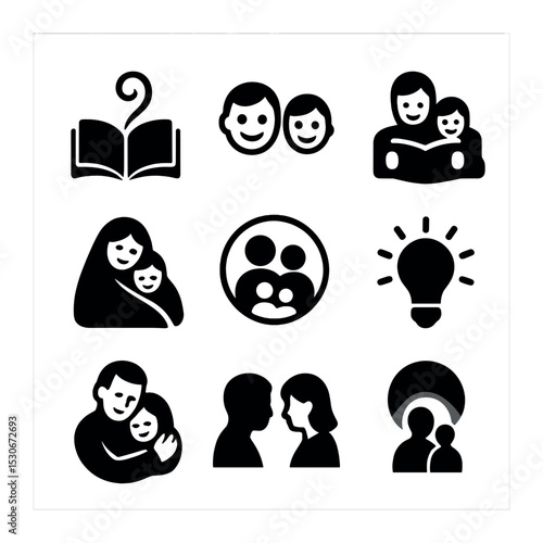 Family Story Icons. Solid, filled icons set of family story moments: storybook swirl, shared smile, bedtime