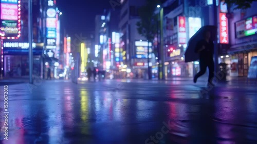 Wallpaper Mural Neon Reflections: Rain-Soaked Cityscape with People Under Umbrellas at Night Torontodigital.ca