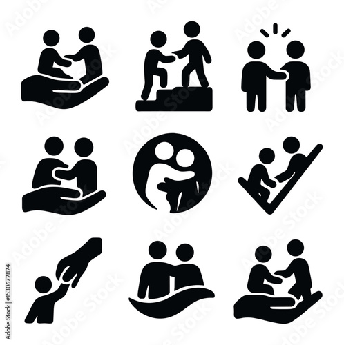 Siblings Helping Icons. Solid, filled icons set of siblings helping each other: caring hand, helping step,