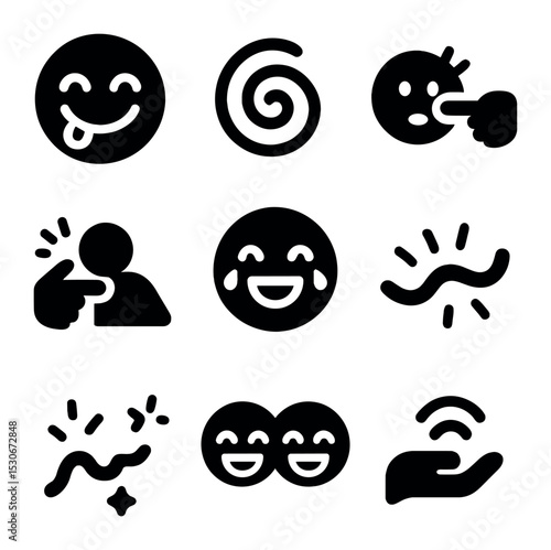 Playful Sibling Icons. Solid, filled icons set of playful sibling teasing: funny face, tickle swirl, playful