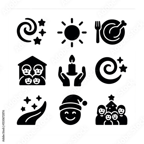 Holiday Icon Set. Solid, filled icons set of holiday and family gatherings: holiday swirl, festive glow, warm