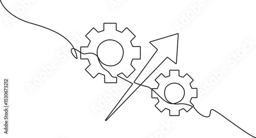 Continuous one line drawing of arrow growth with gear, business growth, cogwheel icon outline, object one line, single line art, vector illustration