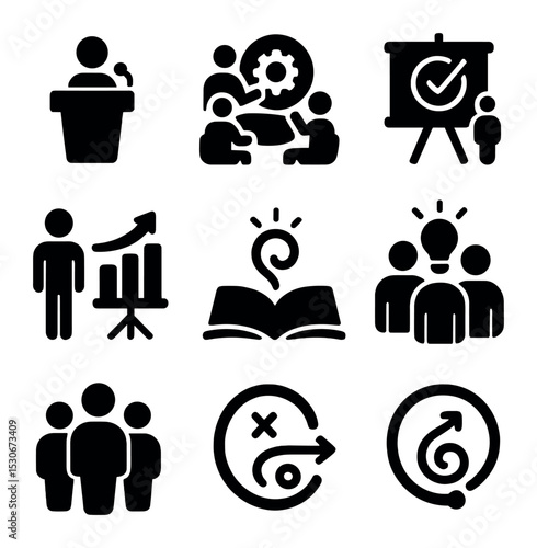Professional Training Icons. Solid, filled icons set of professional training sessions: speaker icon, workshop