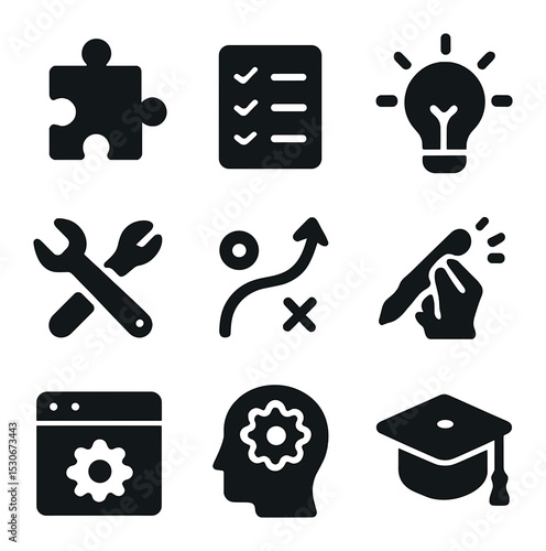 Skill-Building Icons. Solid, filled icons set of skill-building activities: puzzle piece, task list, idea