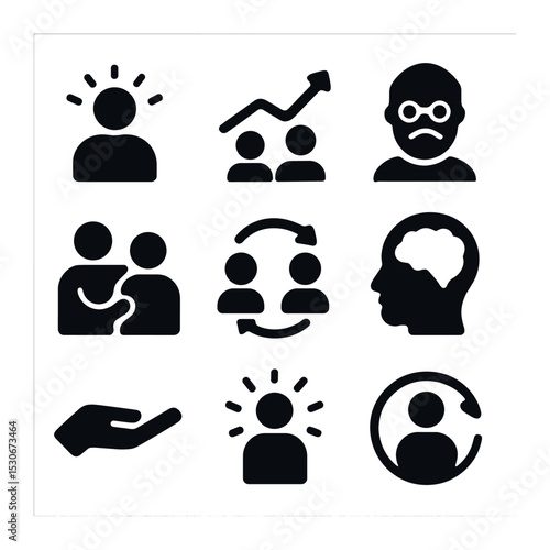 Mentorship Icon Set. Solid, filled icons set of mentorship and coaching: mentor glow, growth wave, wise icon,