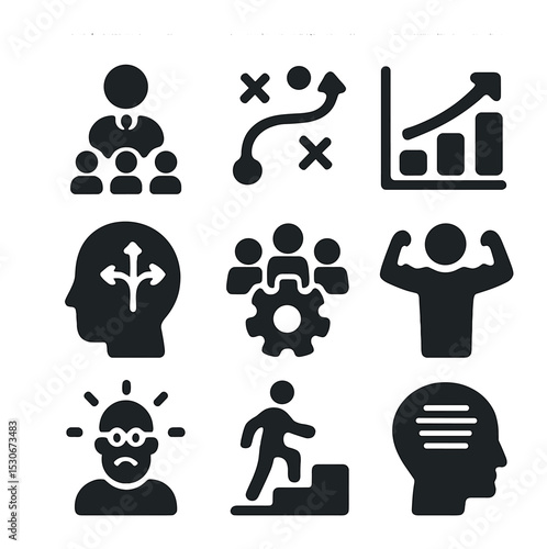 Leadership Icons Grid. Solid, filled icons set of leadership and management development: leader icon, strategy