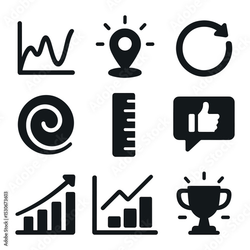 Progress Icons Grid. Solid, filled icons set of progress tracking and evaluation: chart wave, milestone glow,