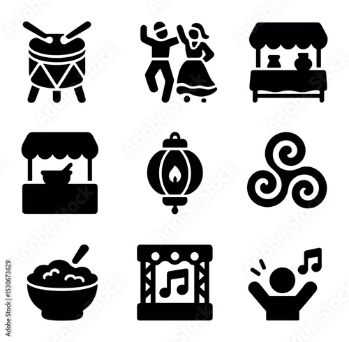 Cultural Events Icons. Solid, filled icons set of local cultural events: traditional drum, folk dance, craft