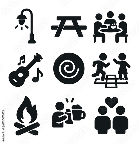 Neighborhood Block Icons. Solid, filled icons set of neighborhood block parties: street light, picnic table,