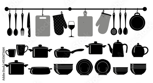 Silhouetted Kitchen Utensils and Cookware Arranged for Culinary Preparation.